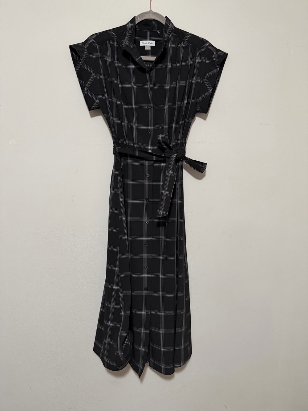 Calvin Klein Black Plaid Midi Shirt Dress with Waist Tie